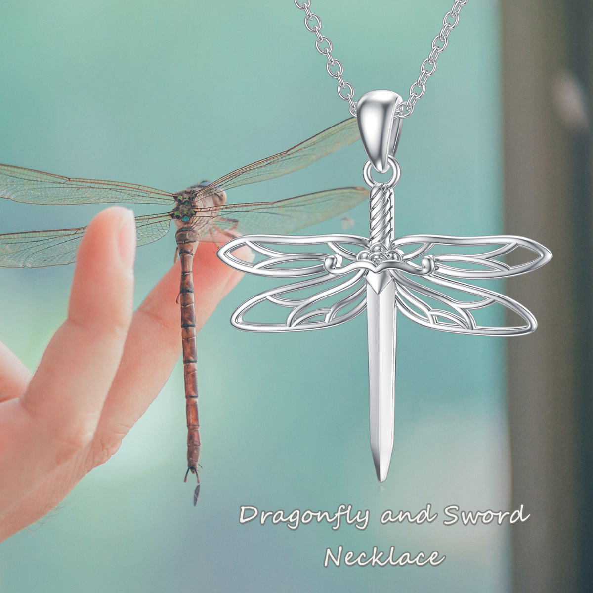 Sterling Silver Dragonfly & Sword Pendant Necklace-5