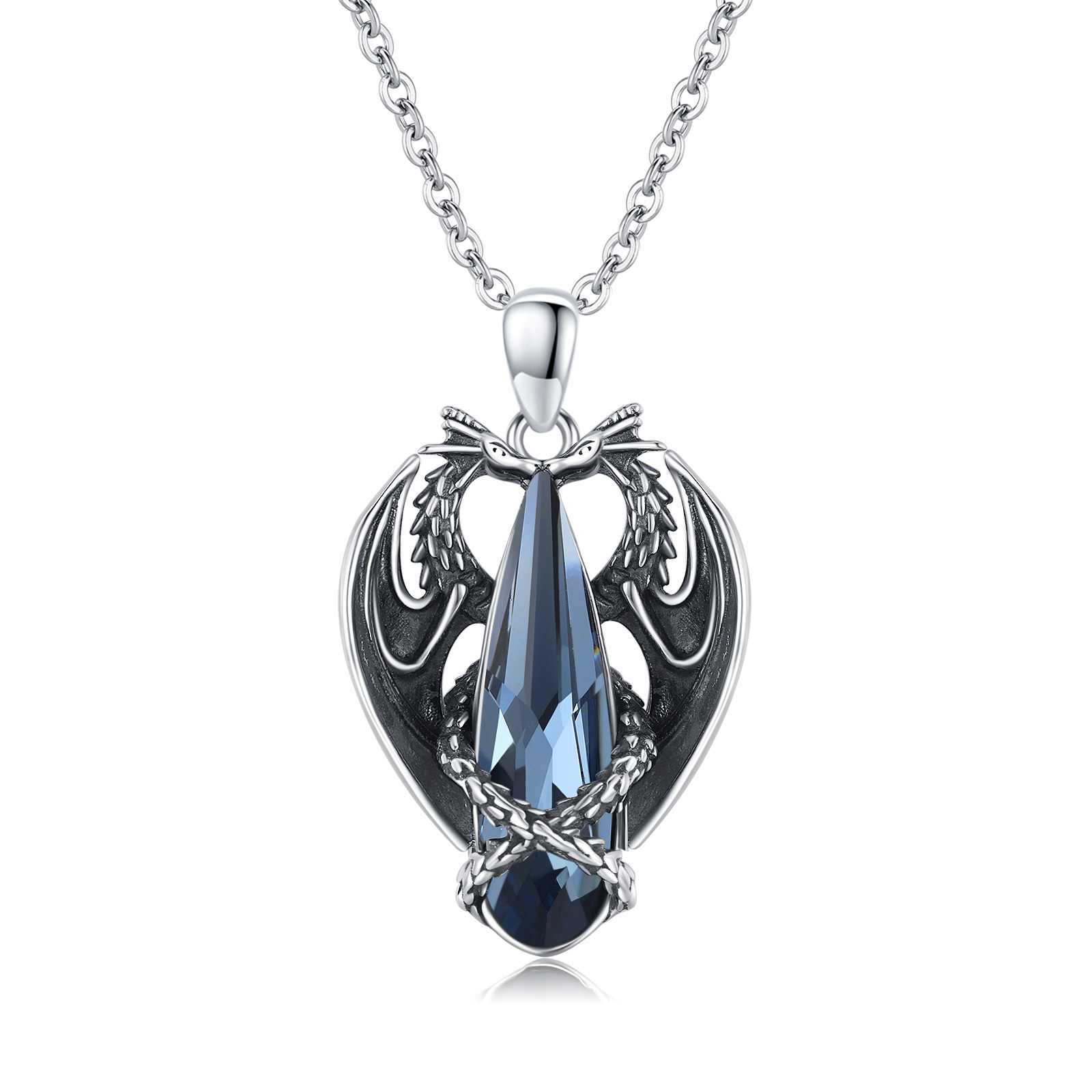 Image of YFN Sterling Silver 2 Dragons Blue Pear Shaped Crystal Pendant Necklace