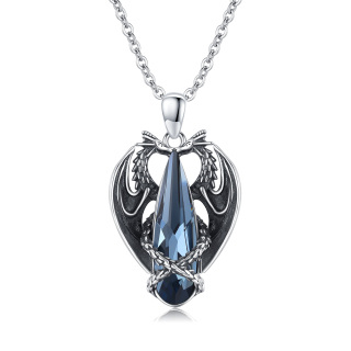 Sterling Silver 2 Dragons Blue Pear Shaped Crystal Pendant Necklace-26