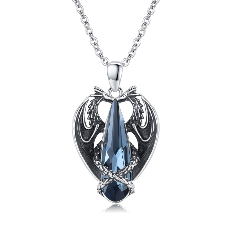 Sterling Silver 2 Dragons Blue Pear Shaped Crystal Pendant Necklace-6
