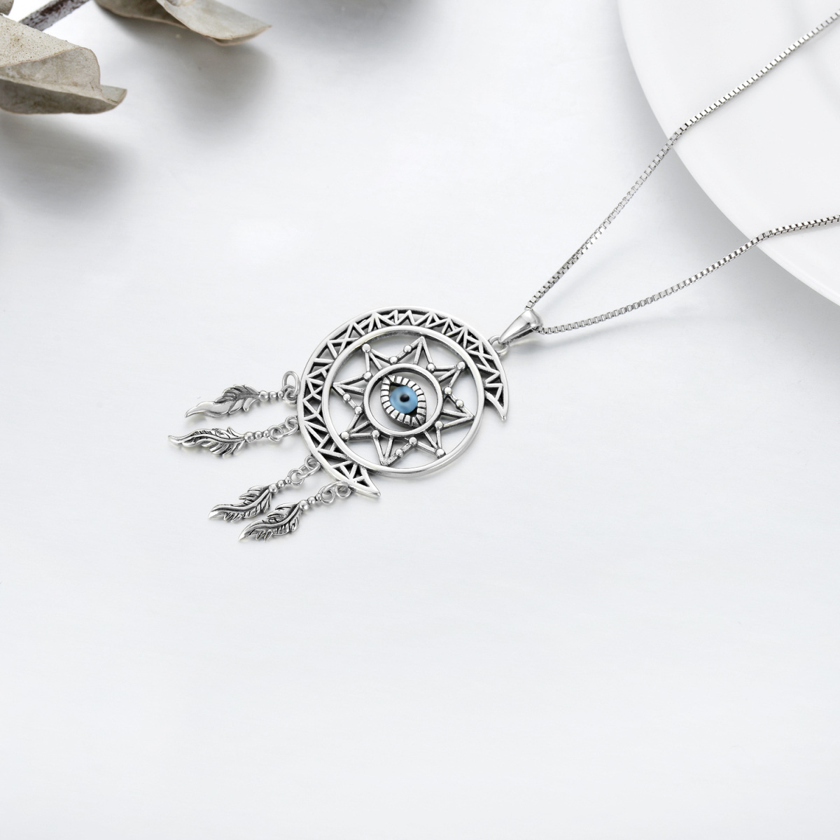 Sterling Silver Dream Catcher & Evil Eye Pendant Necklace-4