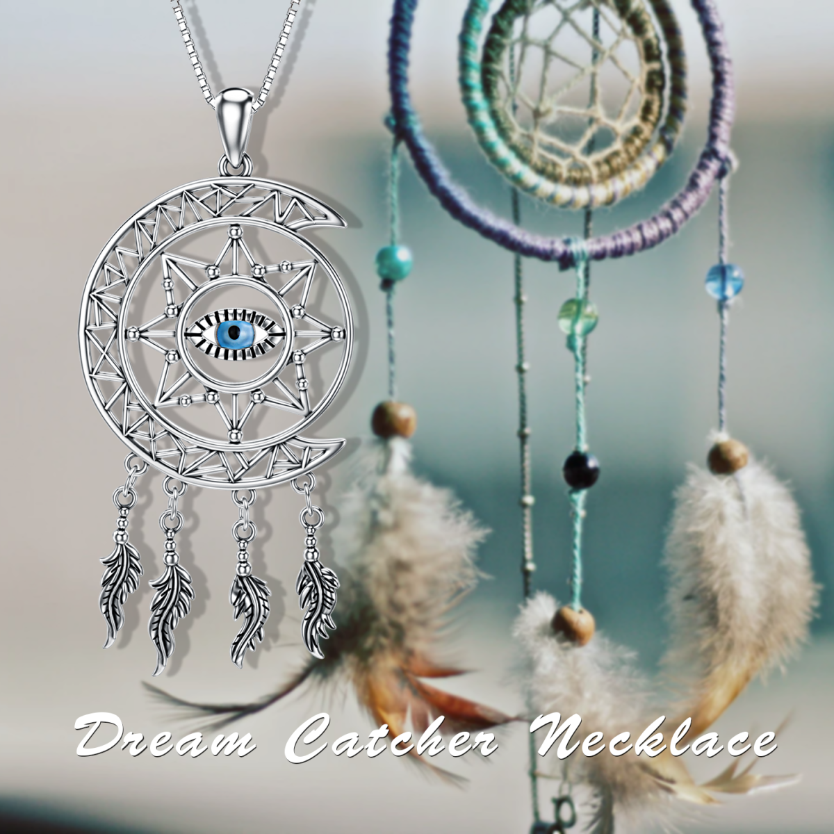 Collana con ciondolo Dream Catcher e Malocchio in argento sterling-5