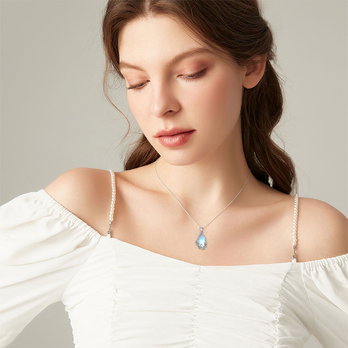 Sterling Silver Drop Shaped Moonstone Seaweed Pendant Necklace-2