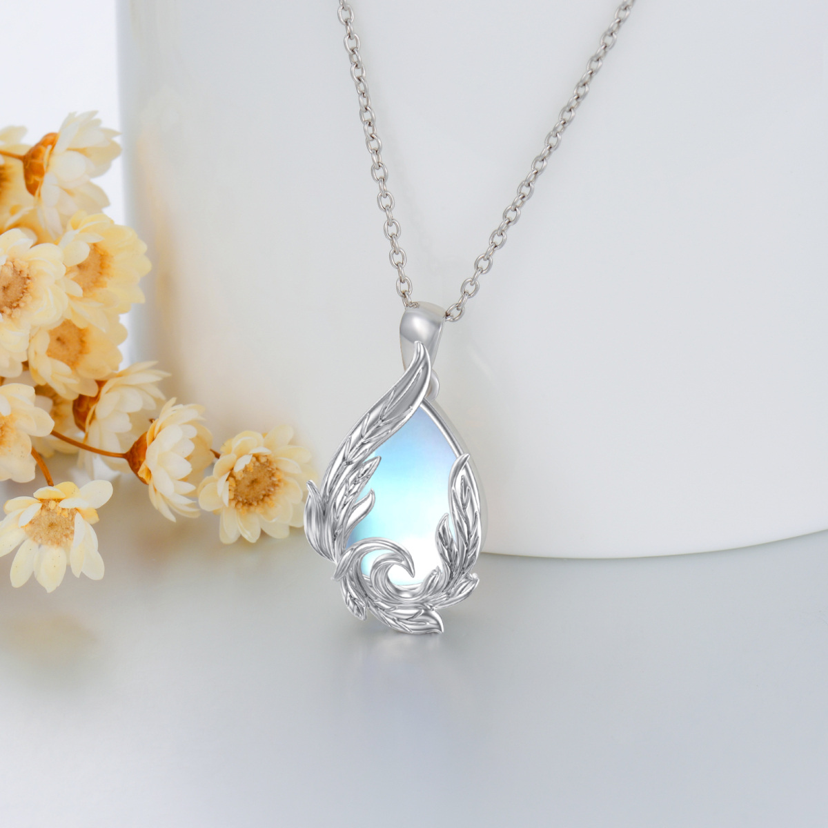 Sterling Silver Drop Shaped Moonstone Seaweed Pendant Necklace-4