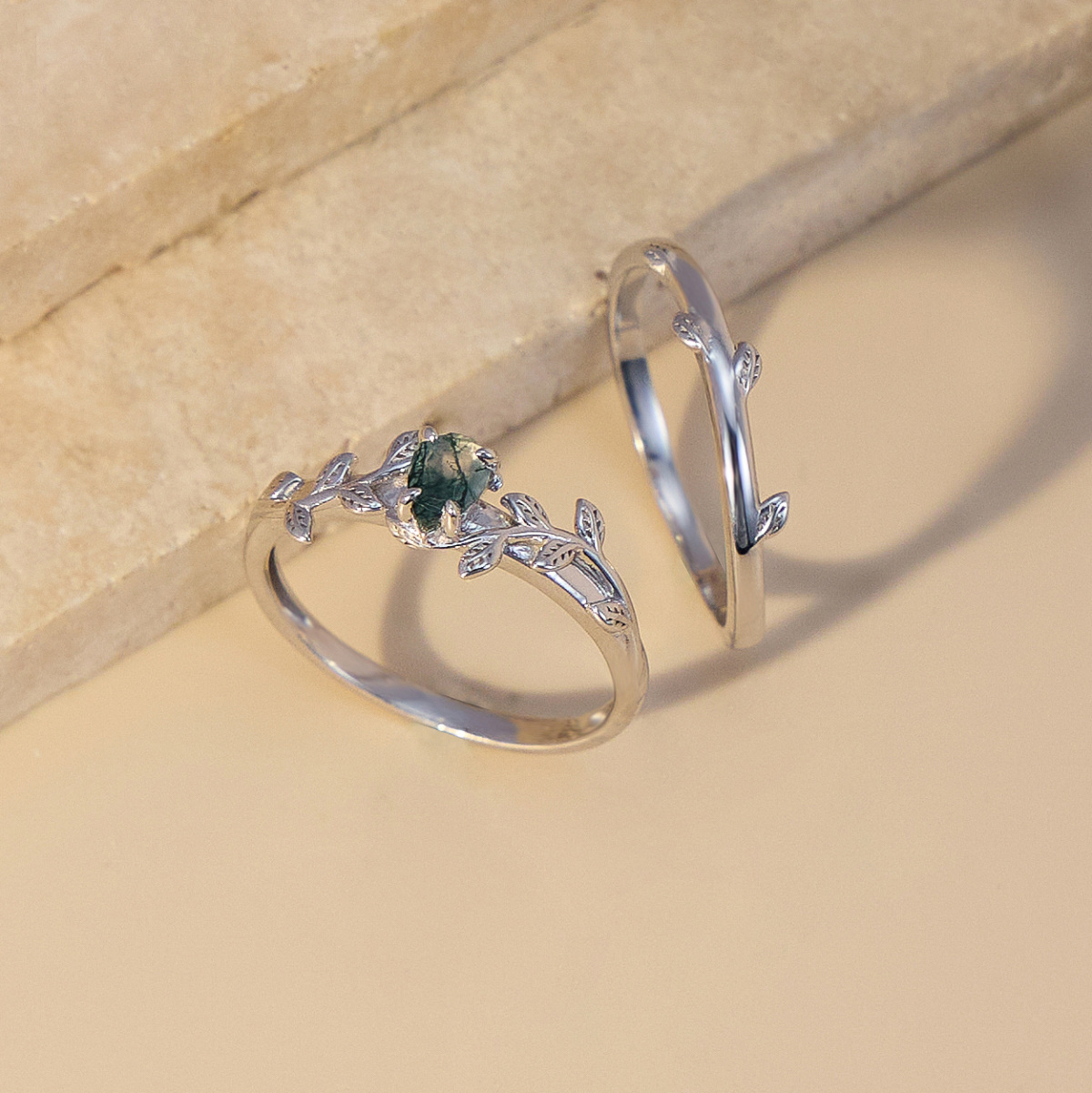 Sterling Silver Oval Shaped Moss Agate Ivy Engagement Ring-7