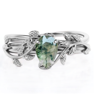 Sterling Silver Drop Shaped Moss Agate Ivy Engagement Ring-33