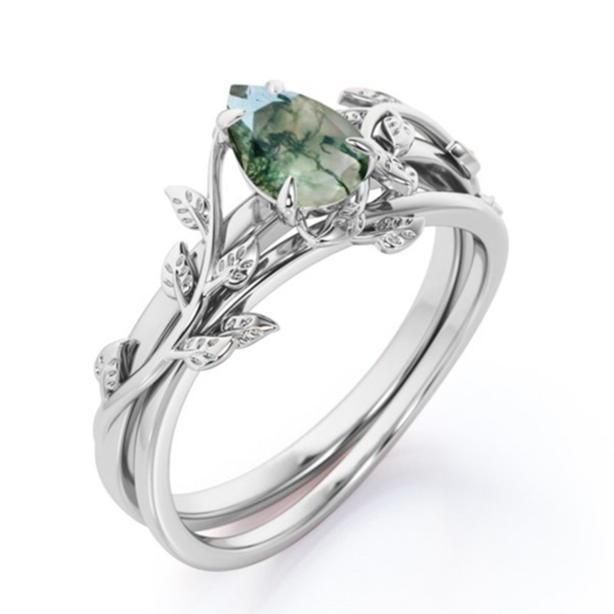 Sterling Silver Drop Shaped Moss Agate Ivy Engagement Ring-3