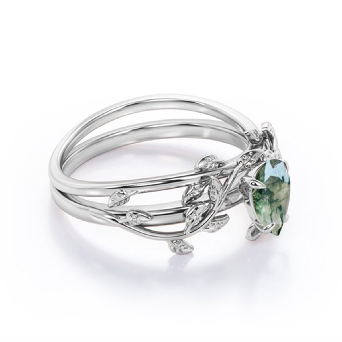 Sterling Silver Drop Shaped Moss Agate Ivy Engagement Ring-4