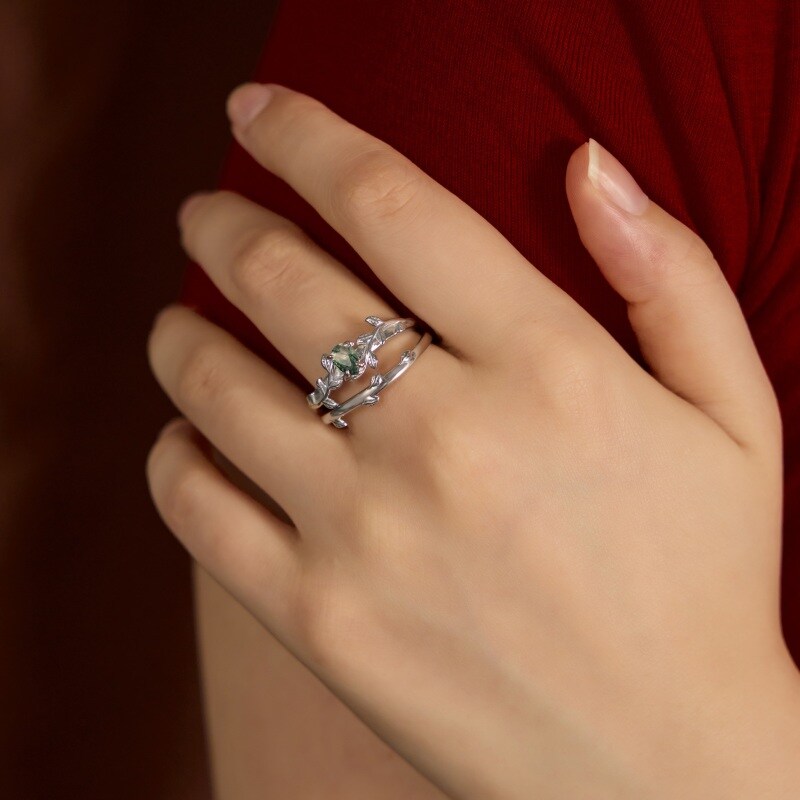 Sterling zilveren druppelvormige mos agaat klimop verlovingsring-2