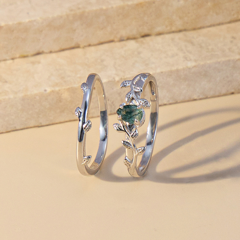 Sterling zilveren druppelvormige mos agaat klimop verlovingsring-5