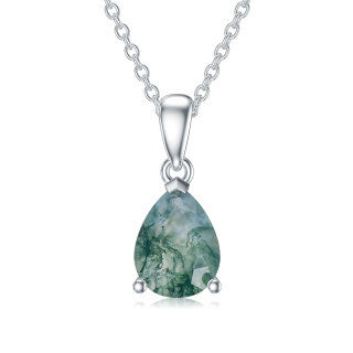 Sterling Silver Drop Shaped Moss Agate Pendant Necklace-37