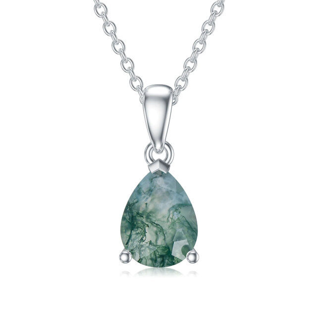 Sterling Silver Drop Shaped Moss Agate Pendant Necklace