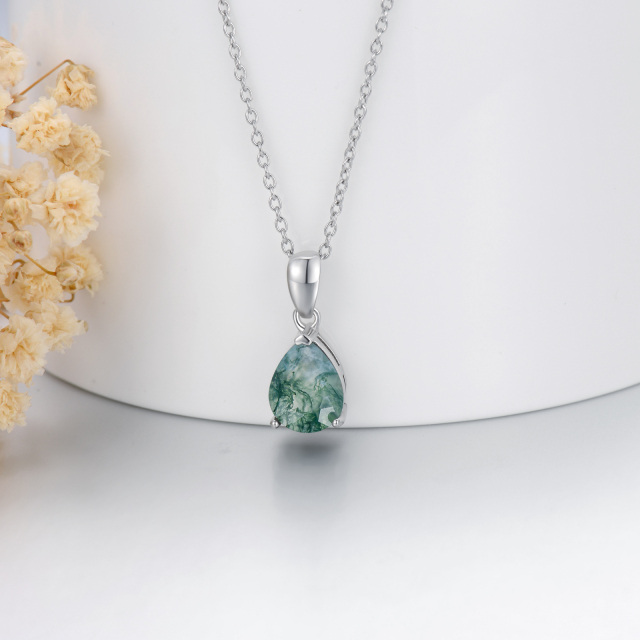 Sterling Silver Drop Shaped Moss Agate Pendant Necklace-4