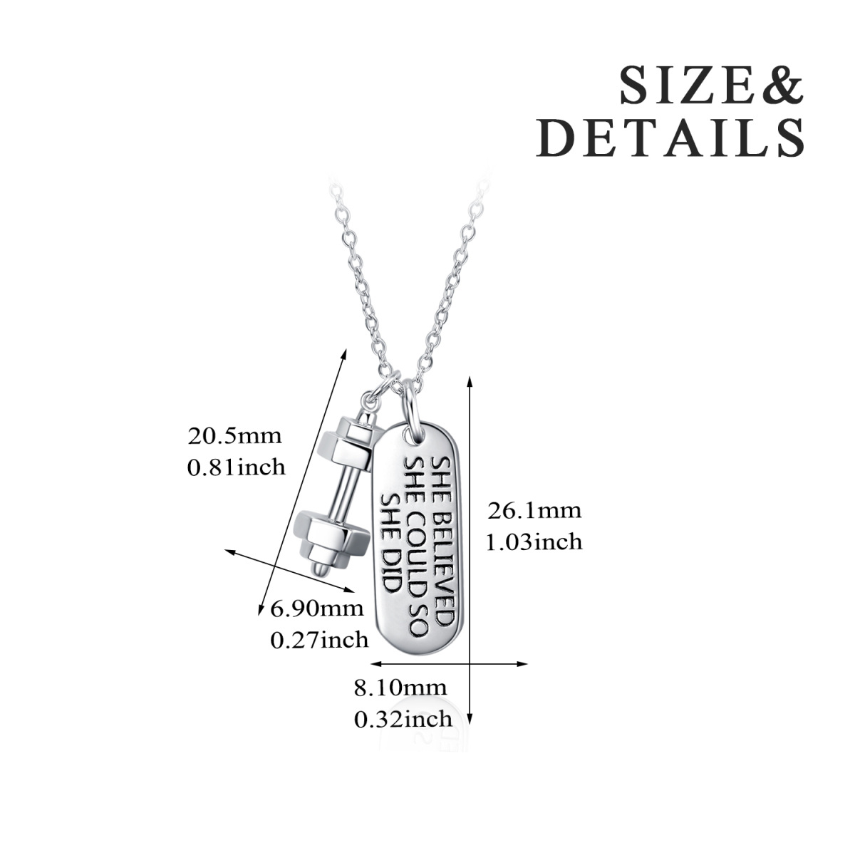 Halskette mit Hantelanhänger aus Sterlingsilber „Sie glaubte, sie könnte es, also tat sie es“-5