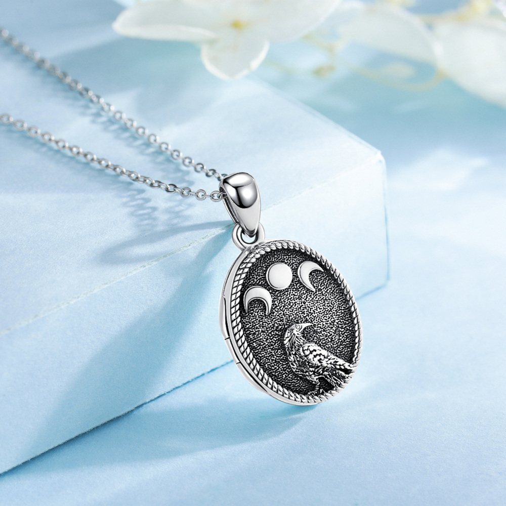 Sterling Silver Eagle & Moon & Sun Personalized Photo Locket Necklace-4