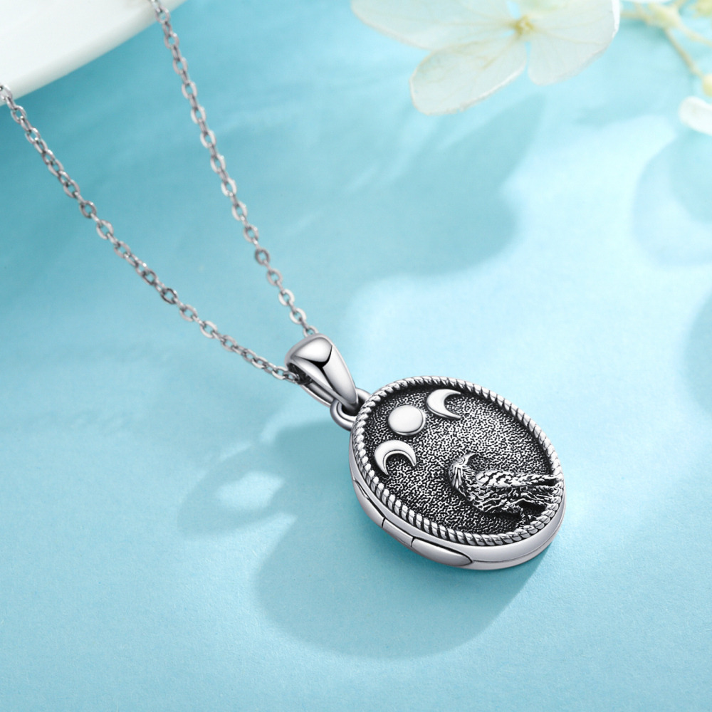 Sterling Silver Eagle & Moon & Sun Personalized Photo Locket Necklace-5