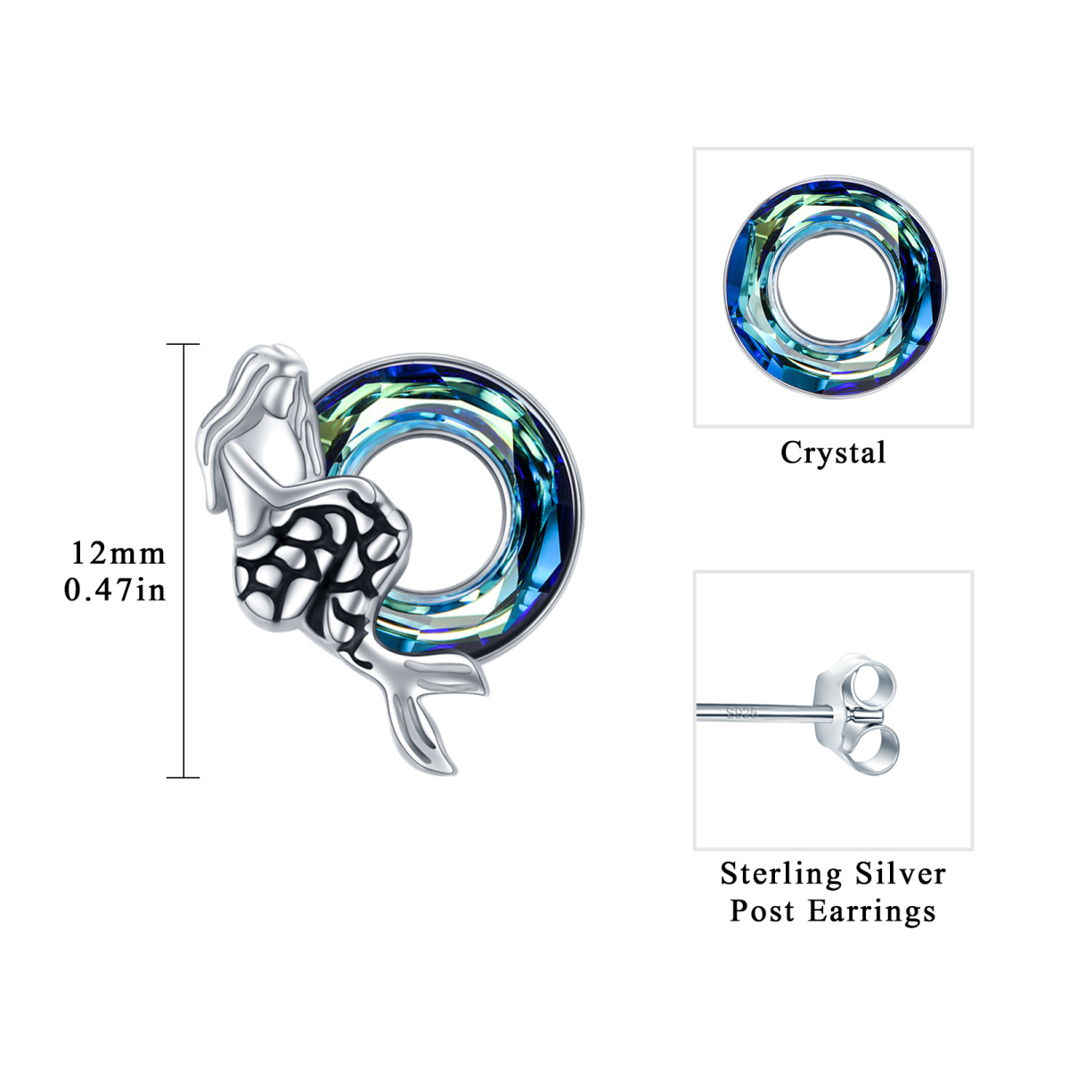 Sterling Silver Crystal Mermaid Tail Stud Earrings-5