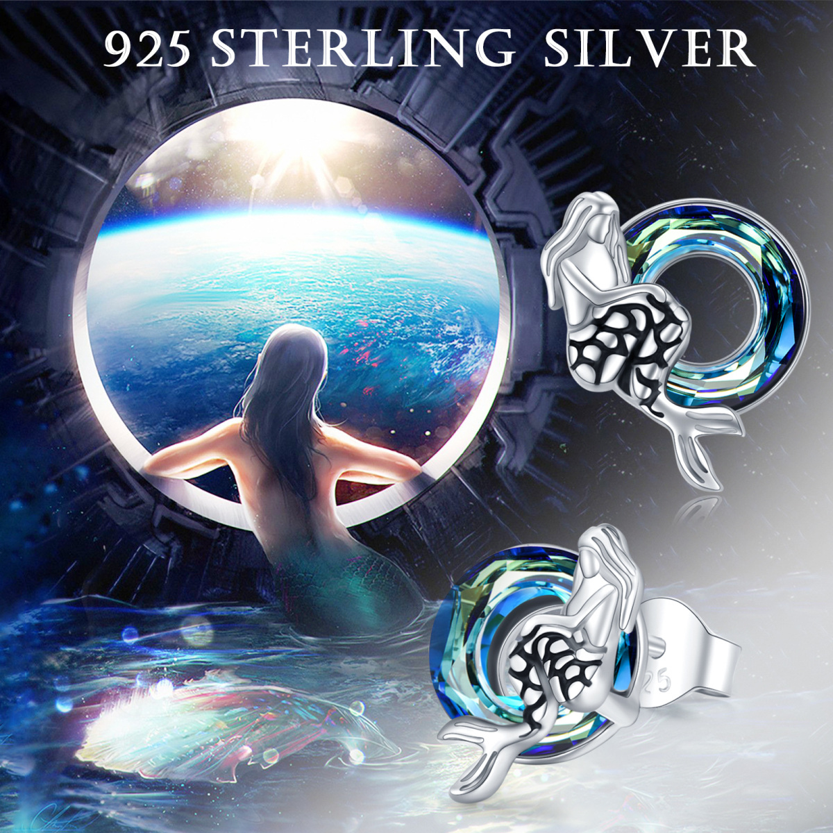 Sterling Silver Crystal Mermaid Tail Stud Earrings-6