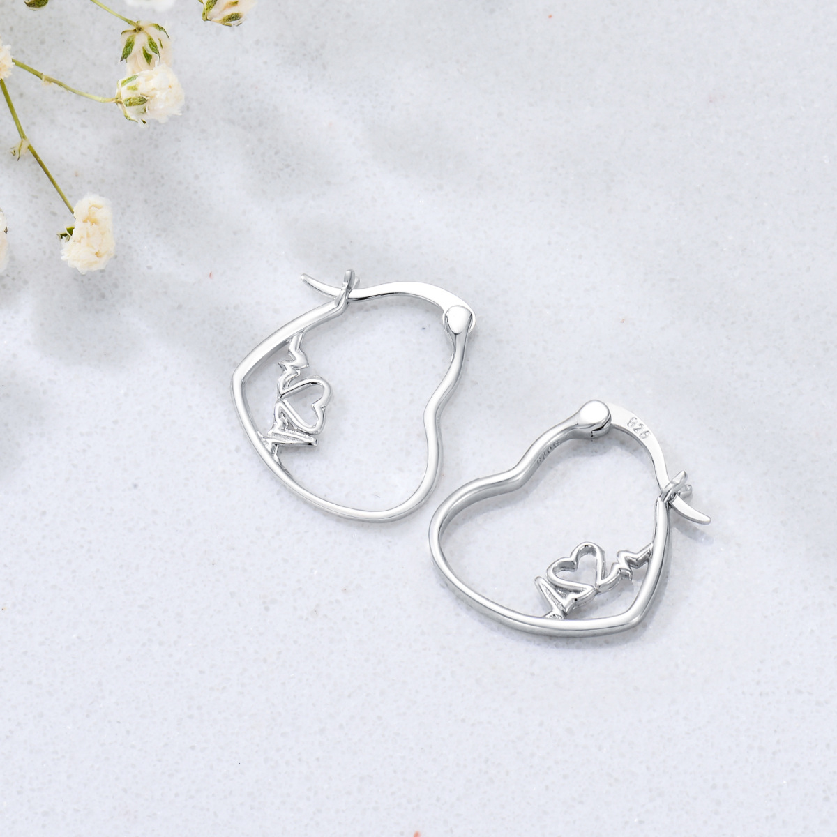 Sterling Silver Electrocardiogram & Heart Hoop Earrings-3