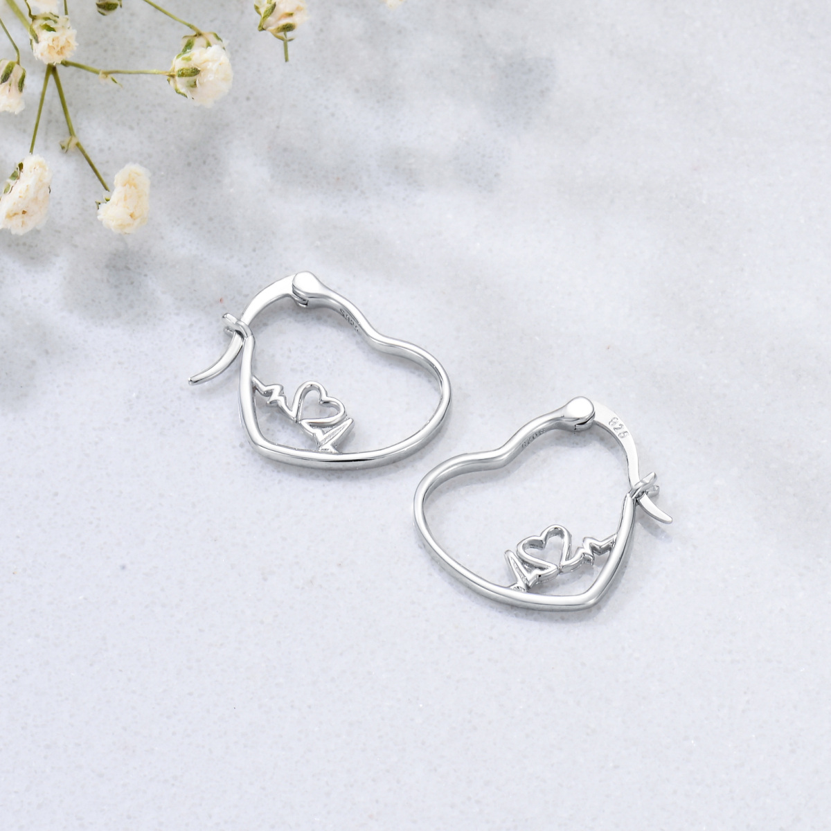 Sterling Silver Electrocardiogram & Heart Hoop Earrings-4