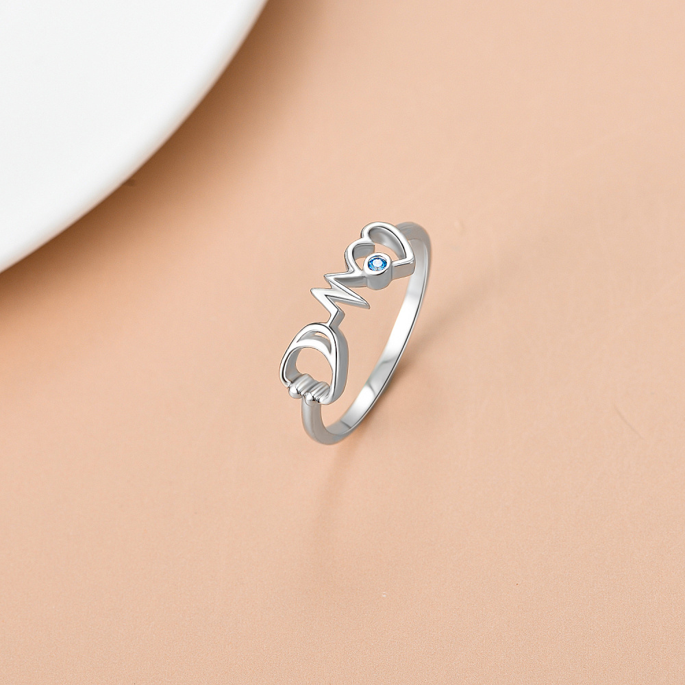 Sterling Silver Cubic Zirconia Electrocardiogram With Heart Stethoscope Ring For Women-2