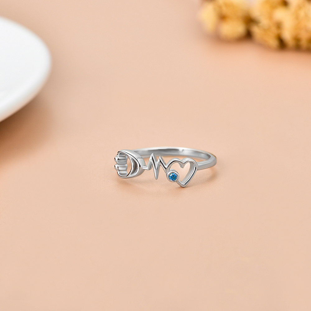 Sterling Silver Cubic Zirconia Electrocardiogram With Heart Stethoscope Ring For Women-4