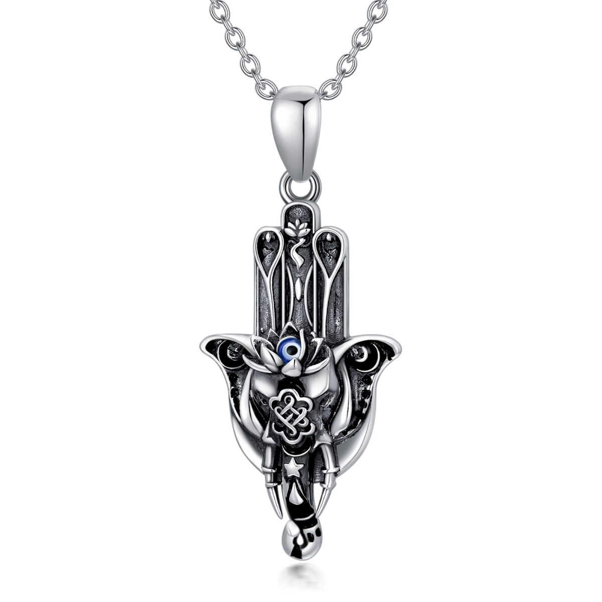 Sterling Silber Elefant & Hamsa Hand Anhänger Halskette-1