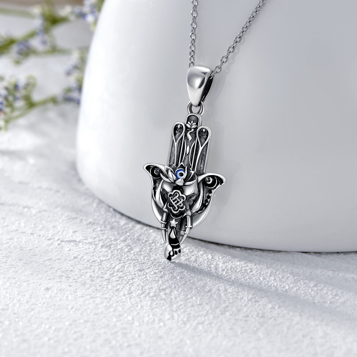 Sterling Silber Elefant & Hamsa Hand Anhänger Halskette-4