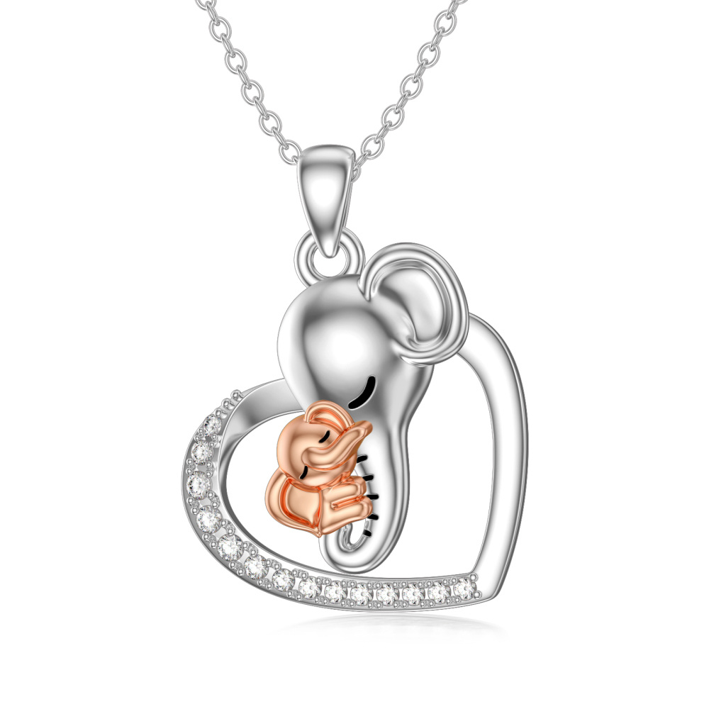 Collar con dije de corazón de elefante y circonita cúbica en plata esterlina para mujer-1