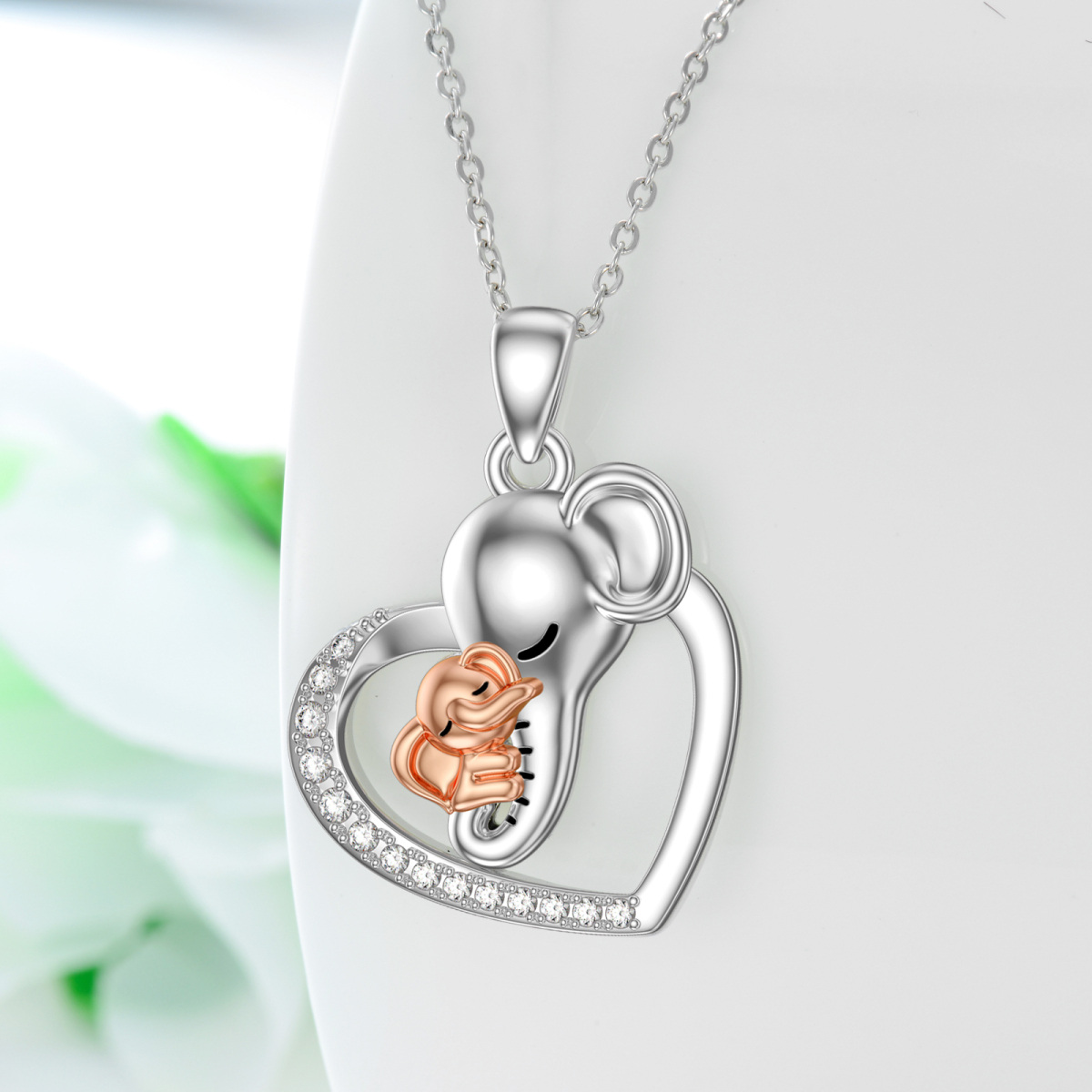 Sterling Silver Cubic Zirconia Elephant & Heart Charm Necklace for Women-3