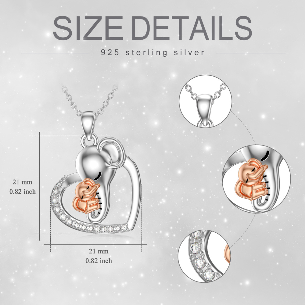 Collar con dije de corazón de elefante y circonita cúbica en plata esterlina para mujer-4