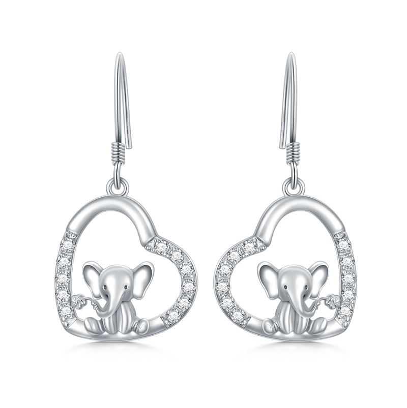 Boucles d'oreilles pendantes en argent sterling avec éléphant et coeur en zircon cubique