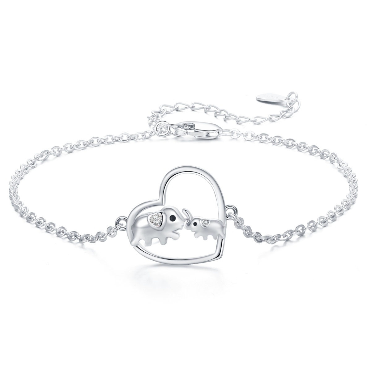 Sterling Silver Cubic Zirconia Elephant & Heart Pendant Bracelet-1