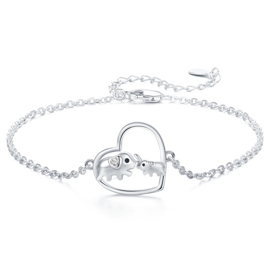 Pulsera de plata de ley con colgante de elefante y corazón de circonita cúbica