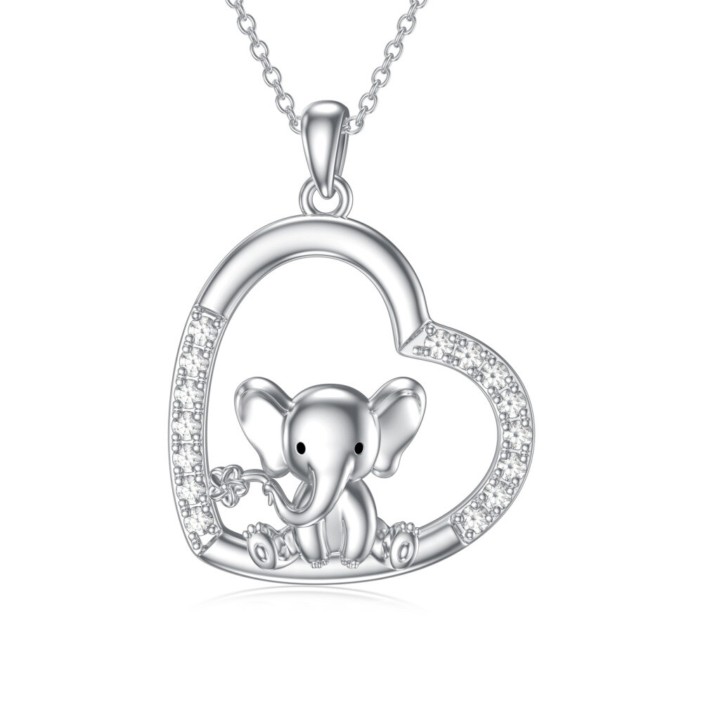 Collar Colgante Elefante y Corazón en Plata de Ley y Circonitas Cúbicas-1