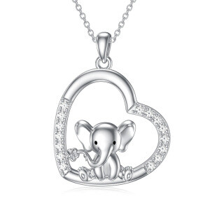 Sterling Silver Cubic Zirconia Elephant & Heart Pendant Necklace-29