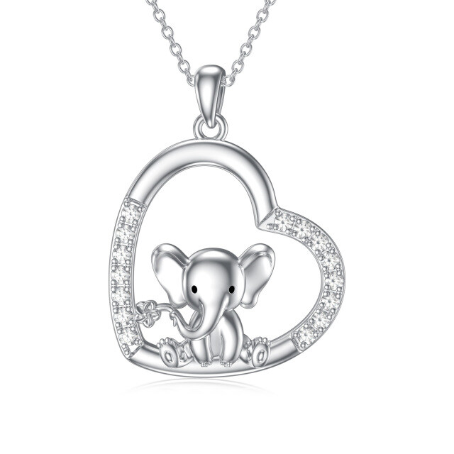 Sterling Silver Cubic Zirconia Elephant & Heart Pendant Necklace-1