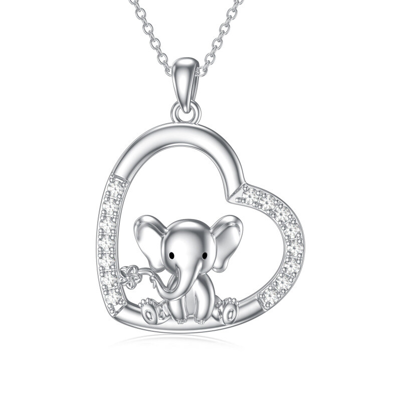 Sterling Silver Cubic Zirconia Elephant & Heart Pendant Necklace-9