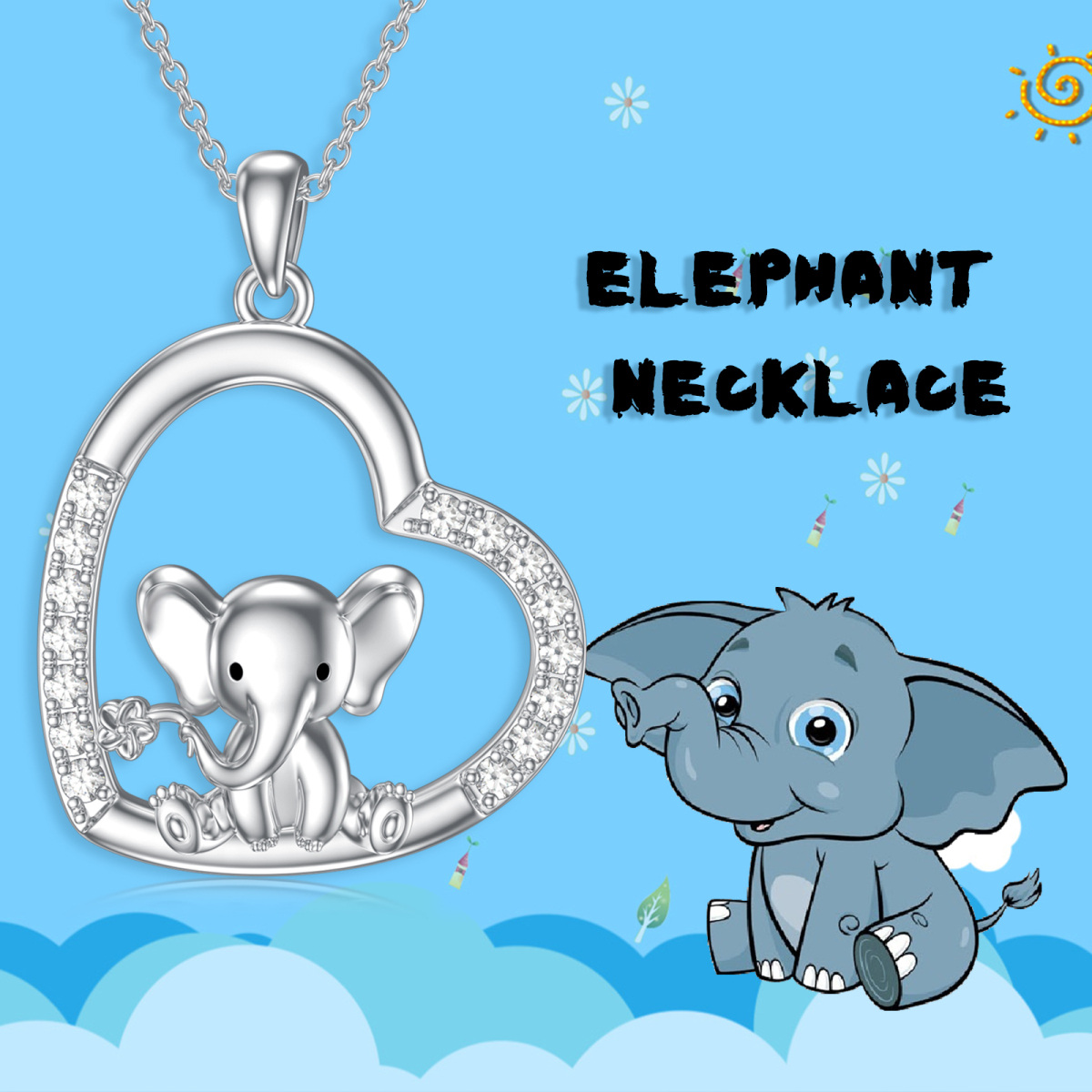 Sterling Silber Cubic Zirkonia Elefant & Herz-Anhänger Halskette-2