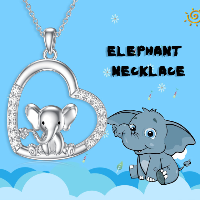 Sterling Silver Cubic Zirconia Elephant & Heart Pendant Necklace-2