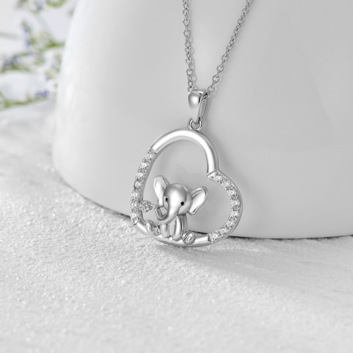 Sterling Silber Cubic Zirkonia Elefant & Herz-Anhänger Halskette-4