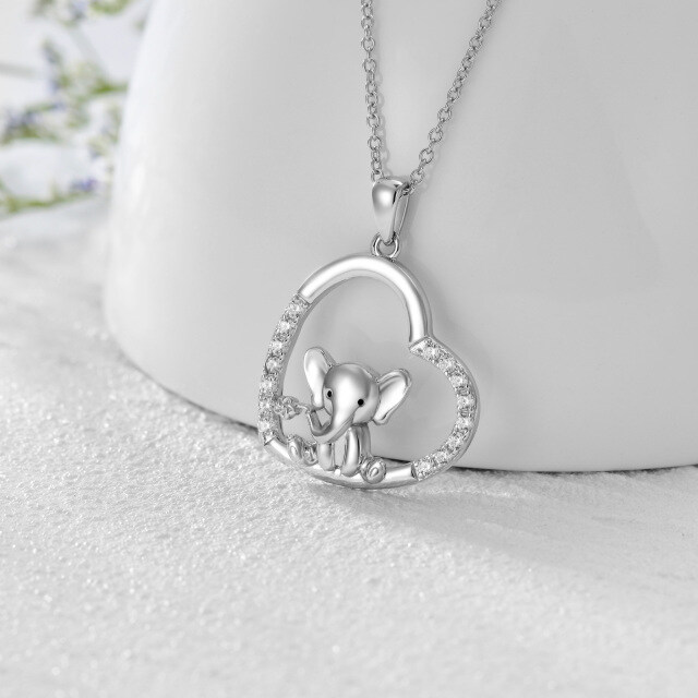 Sterling Silver Cubic Zirconia Elephant & Heart Pendant Necklace-4