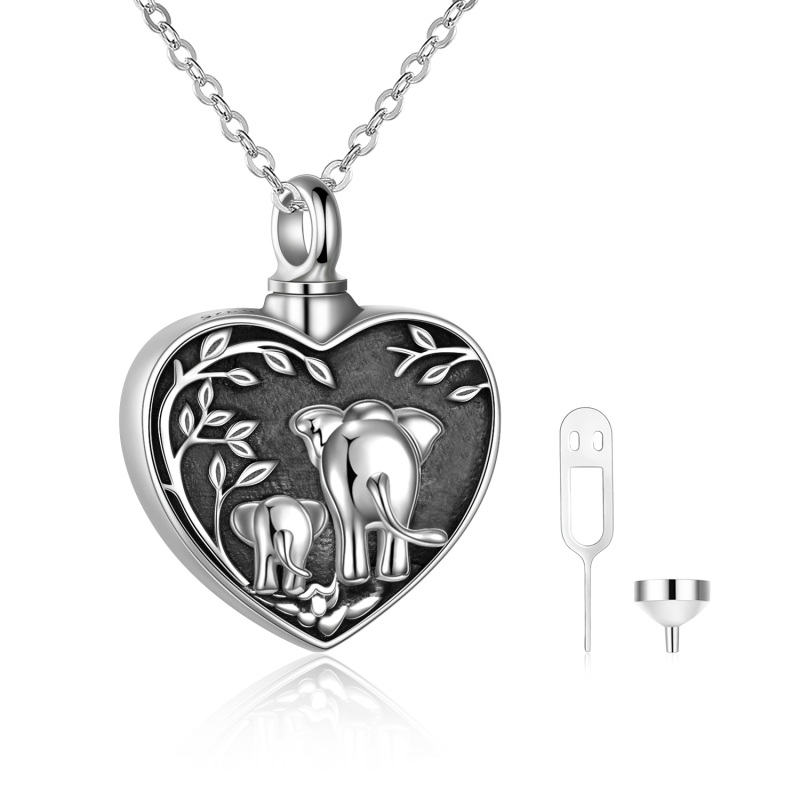 Collar de plata de ley con circonita cúbica Elefante y urna de corazón con palabra grabada-1