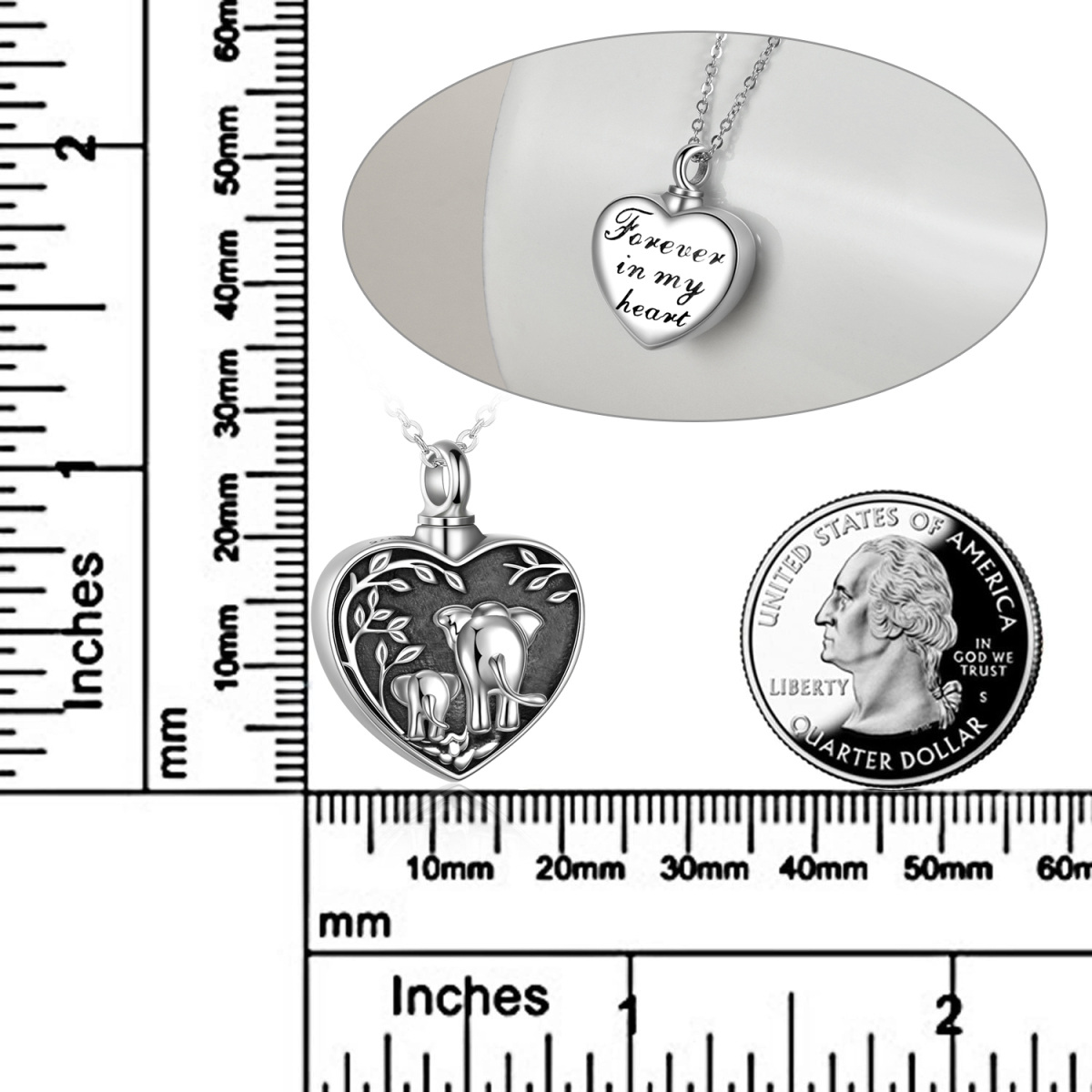 Collana con elefante e cuore in argento sterling per ceneri con parola incisa-5