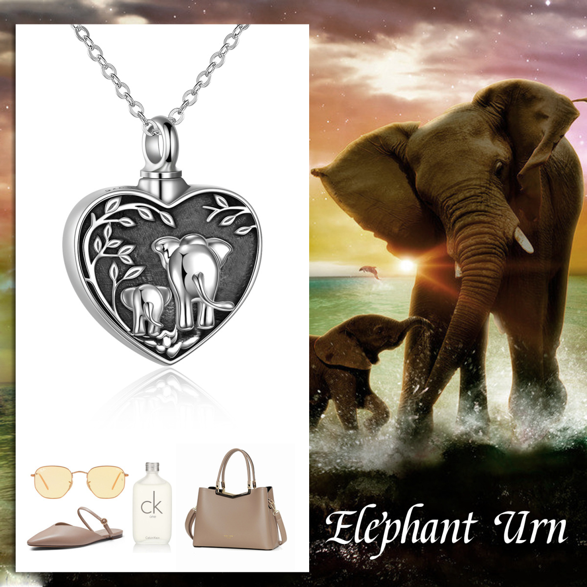 Collar de plata de ley con circonita cúbica Elefante y urna de corazón con palabra grabada-6