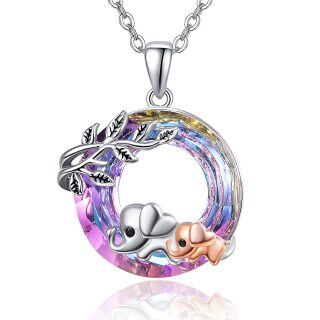 Sterling Silver Elephant & Leaves Crystal Pendant Necklace-7