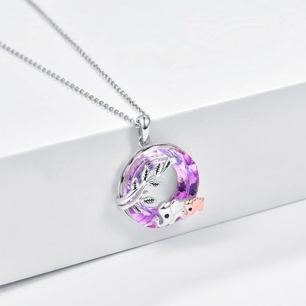 Sterling Silver Elephant & Leaves Crystal Pendant Necklace-3