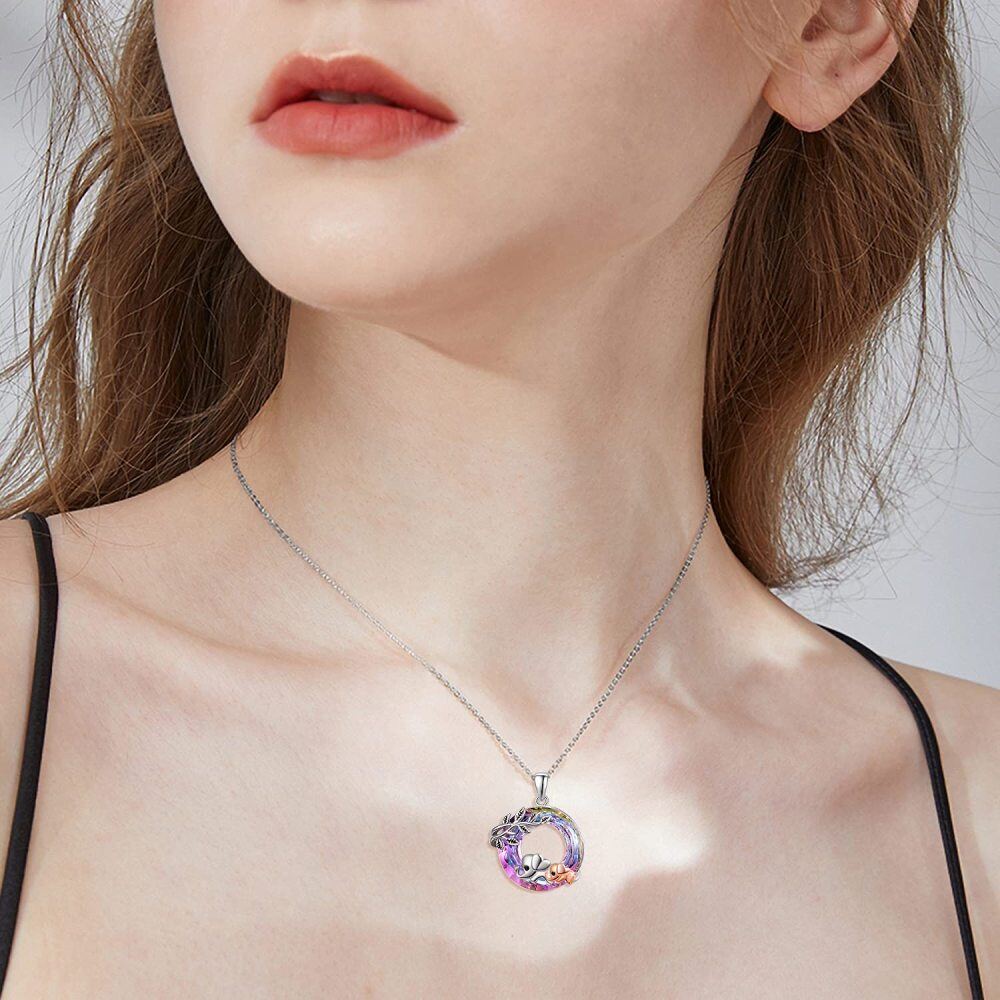 Sterling Silver Elephant & Leaves Crystal Pendant Necklace-4