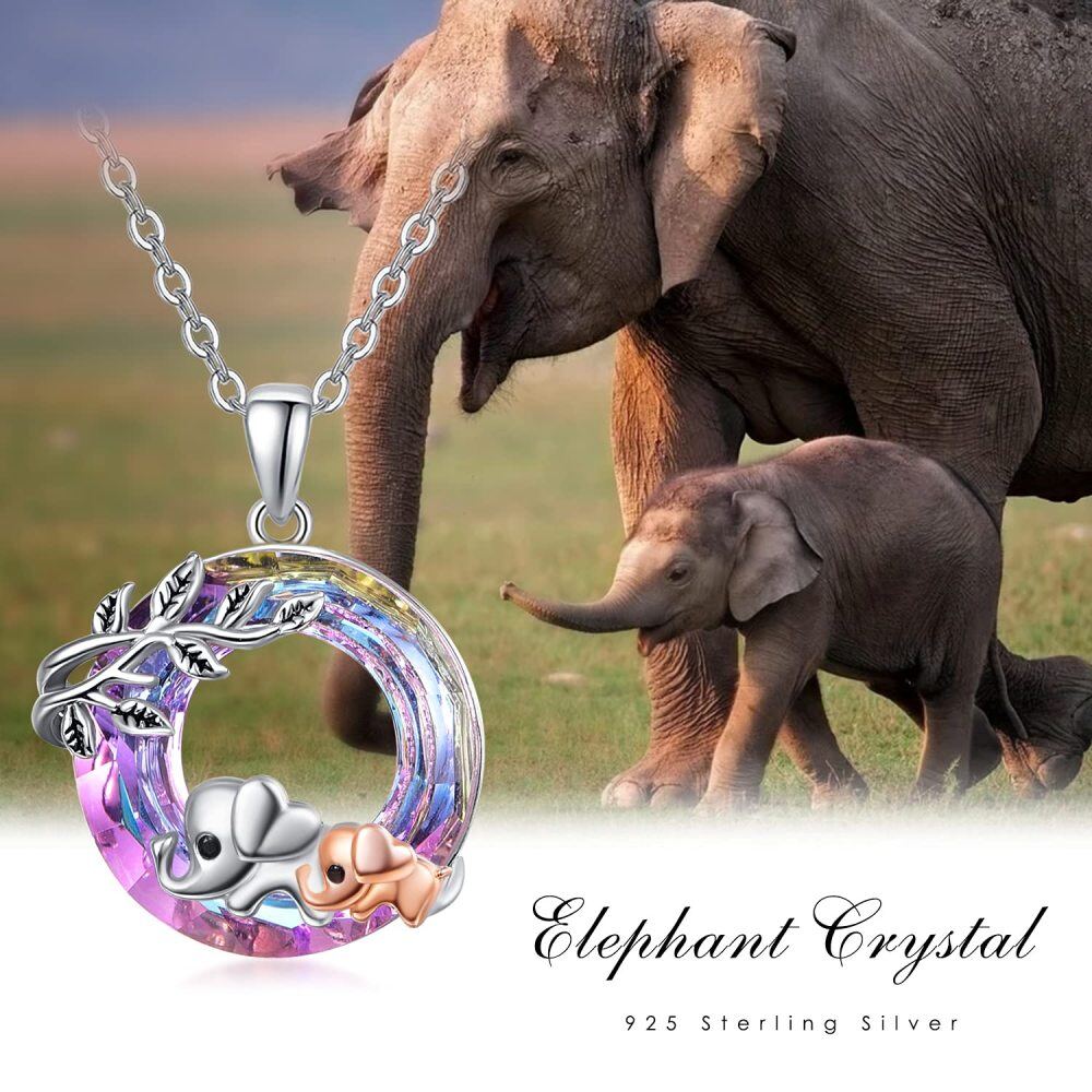 Sterling Silver Elephant & Leaves Crystal Pendant Necklace-5