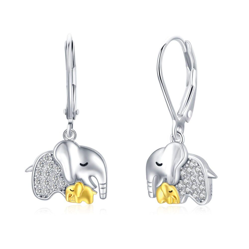 Sterling Silver Cubic Zirconia Elephant Lever-back Earrings-1